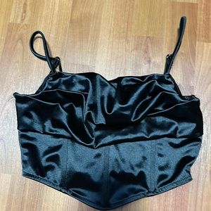 black silky stretchy bustier tank top cowl neck